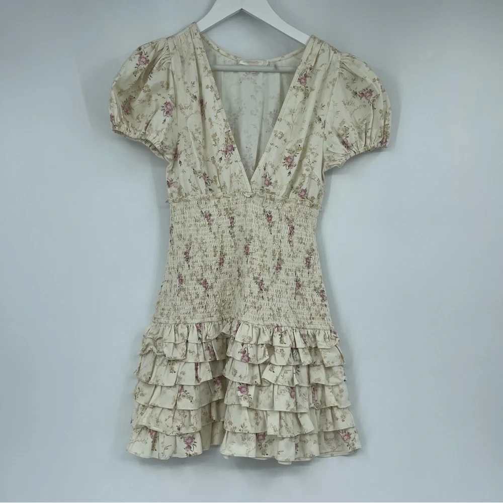 LoveShackFancy Radia Smocked Cotton Delicate Floral Print Mini Dress Size S - Picture 2 of 7